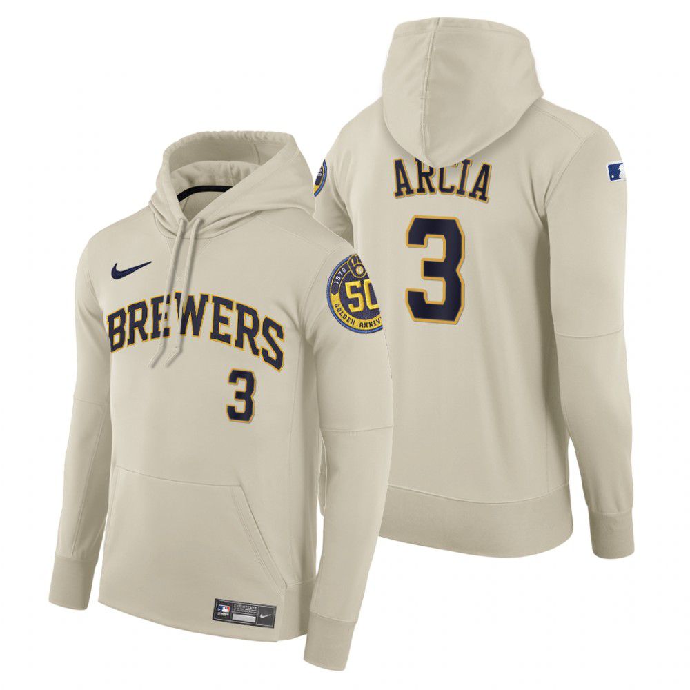 Men Milwaukee Brewers #3 Arcia cream home hoodie 2021 MLB Nike Jerseys